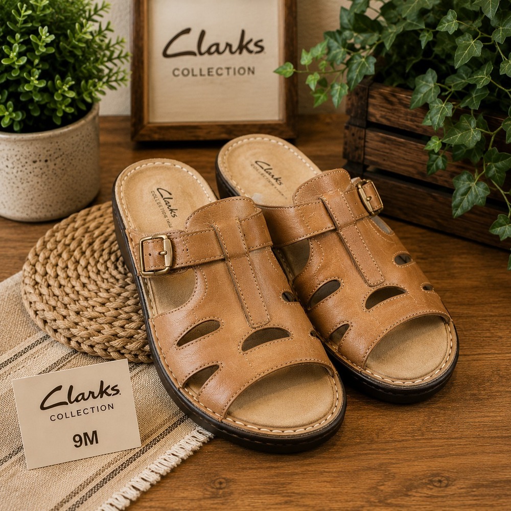 Clarks Collection Leather Slide Sandals Women's 9M Tan Comfort Buckle Casual